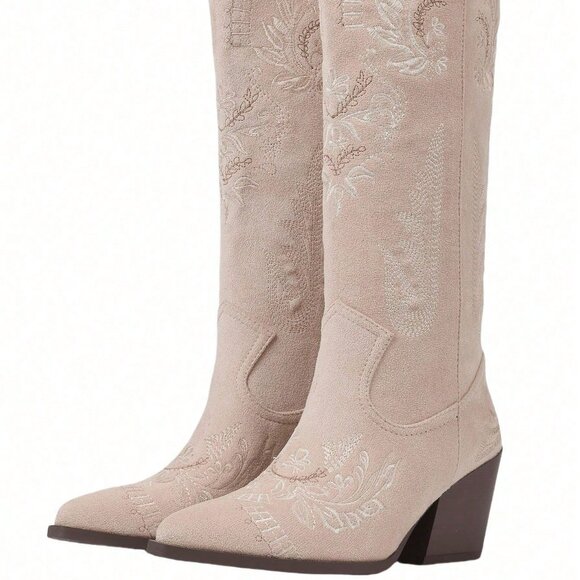 Khaki Western Women's Pointed Toe Embroidered Knee High Riding Boots - Picture 4 of 5